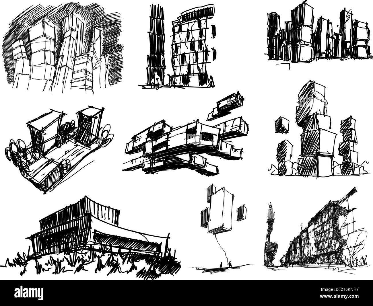 beaucoup de croquis architecturaux dessinés à la main d'une architecture fantastique moderne et des idées urbaines, des bâtiments et des gens Banque D'Images