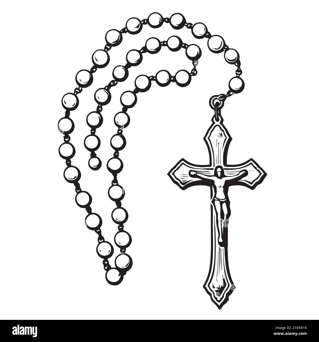 Rosaire avec croix religion dessin à la main illustration vectorielle. Illustration de Vecteur