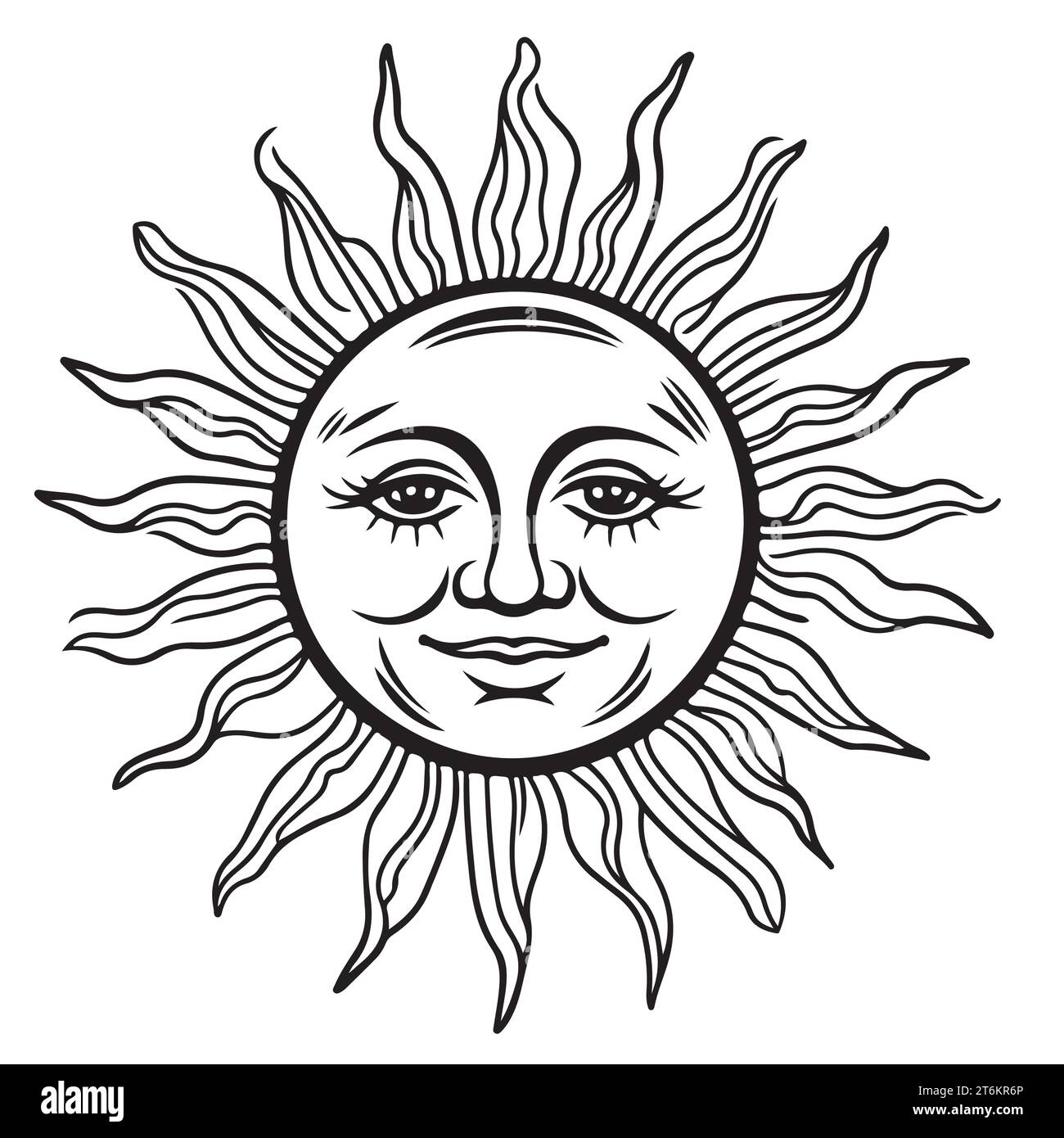 Symbole de soleil de dessin animé avec visage, emblème de style vintage simple. Dessin au trait noir et blanc . Illustration vectorielle isolée. Illustration de Vecteur