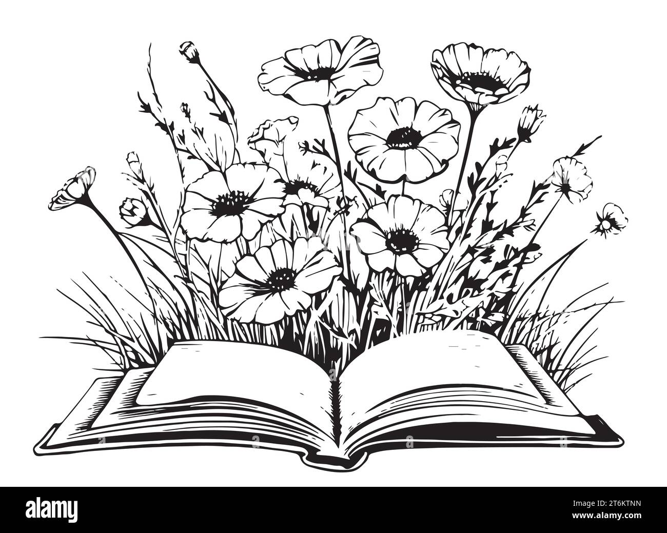 Livre ouvert avec des fleurs à l'intérieur, Illustration de croquis dessiné à la main. Illustration de Vecteur