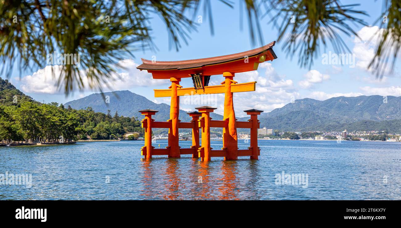 Célèbre porte rouge Grand Torii de bois patrimoine mondial de l'UNESCO panorama sur l'eau sur l'île de Miyajima au Japon Banque D'Images