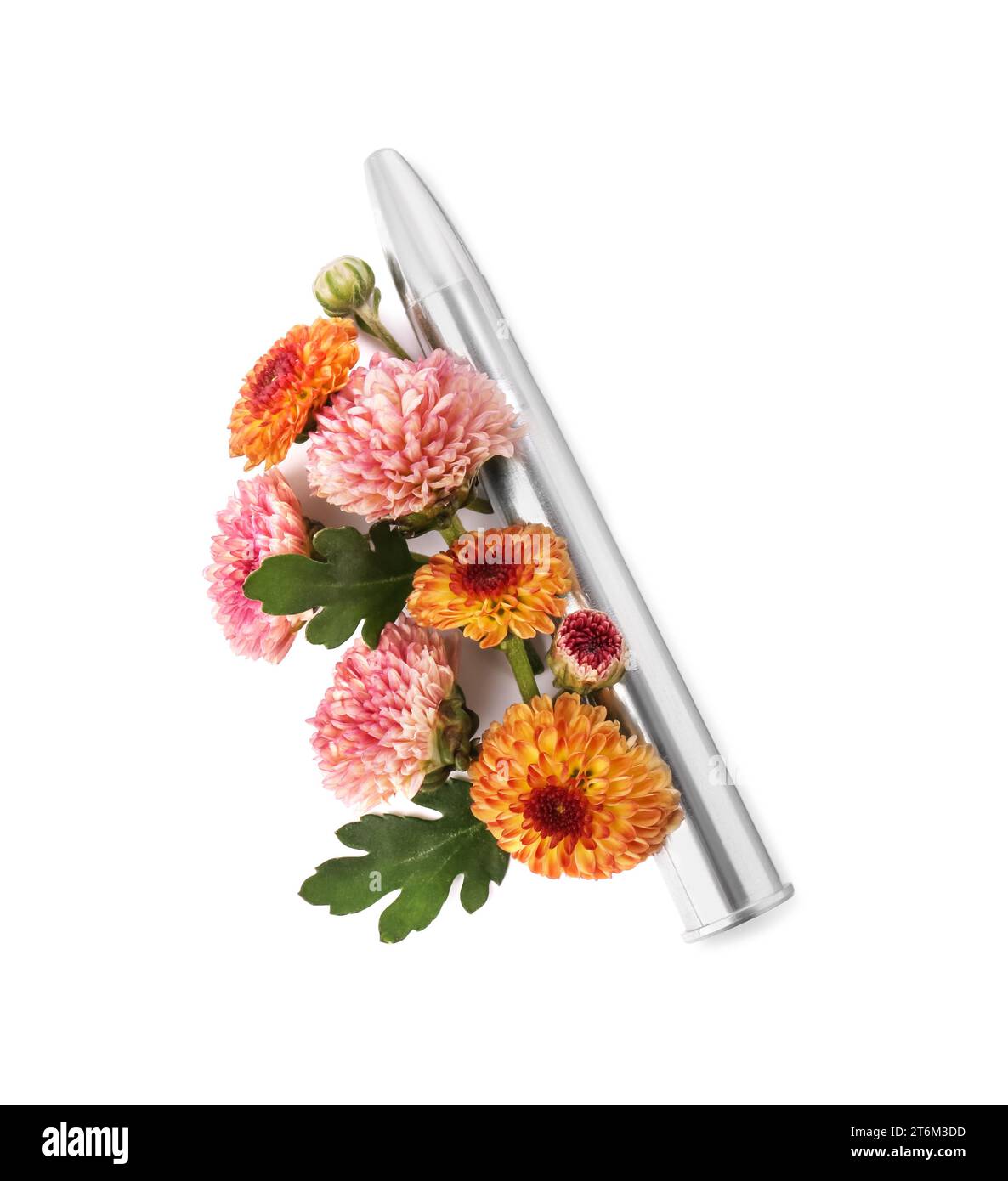 Balle et belles fleurs isolées sur blanc, vue au-dessus Banque D'Images