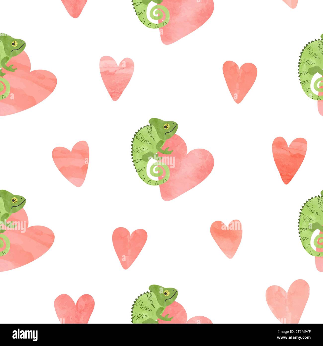 Mignon caméléon et aquarelle coeurs motif sans couture. Fond d'amour de vecteur Illustration de Vecteur