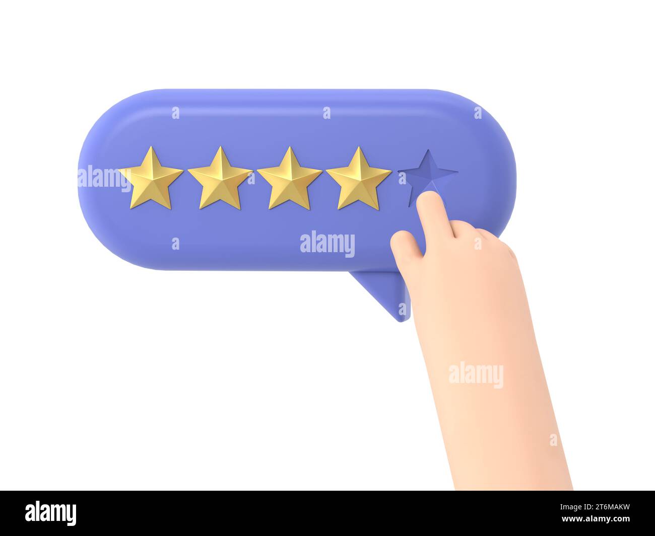 Main de l'utilisateur pointant sur le formulaire de sondage et choisissant l'étoile jaune. Avis client positif cinq étoiles. Feedback en ligne, rendu 3D sur fond blanc. Banque D'Images