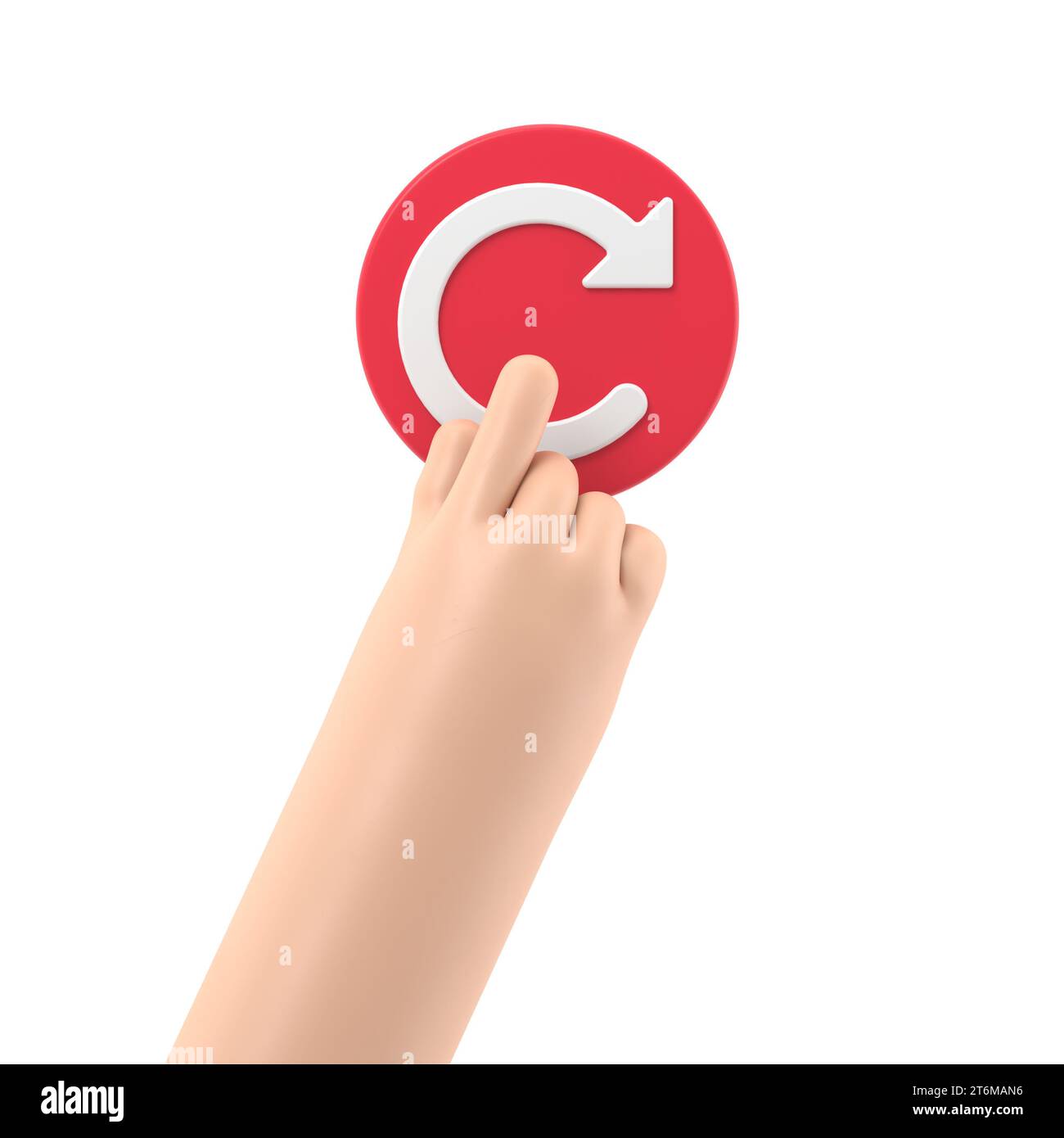 Concept de redémarrage. Redémarrage de la technologie. Main pour appuyer sur le gros bouton rouge. Illustration 3d Flat design.rendu 3D sur fond blanc. Banque D'Images