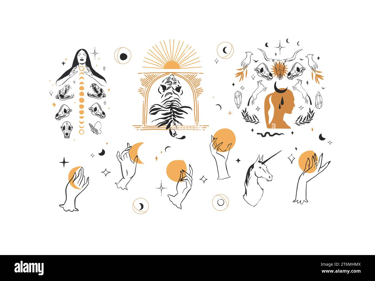 Ensemble de collection d'éléments d'illustration de ligne graphique abstraite de vecteur dessiné à la main, croissant magique, papillon, fleurs, animaux, lune et mains humaines isolées Illustration de Vecteur