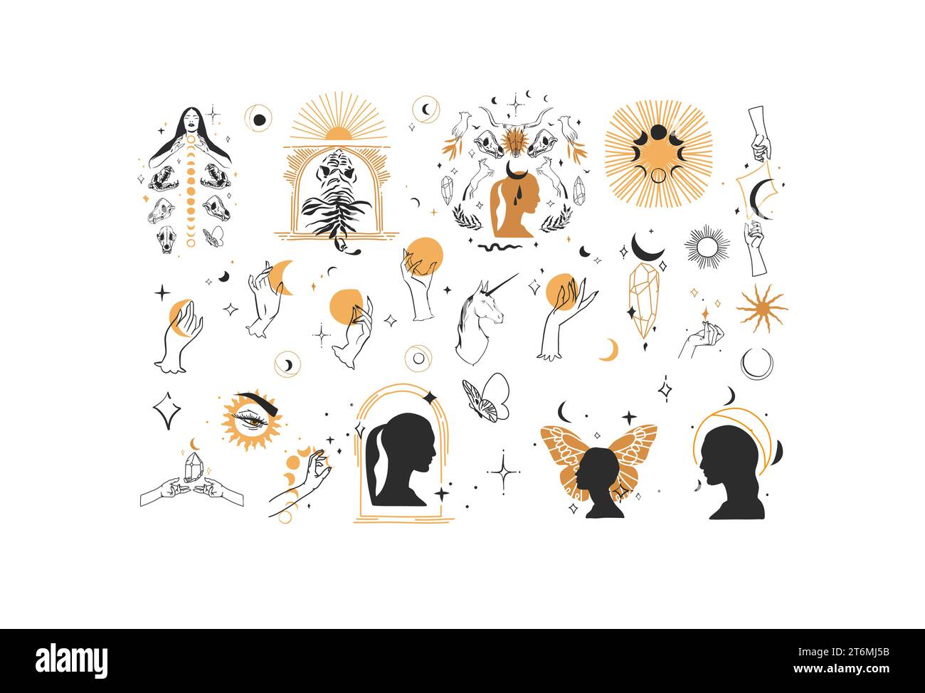 Ensemble de collection d'éléments d'illustration de ligne graphique abstraite de vecteur dessiné à la main, croissant magique, papillon, fleurs, animaux, lune et mains humaines isolées Illustration de Vecteur
