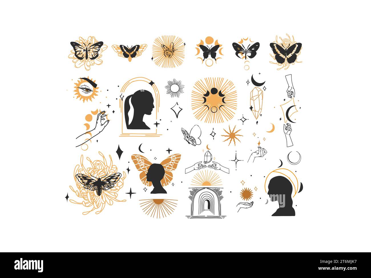 Ensemble de collection d'éléments d'illustration de ligne graphique abstraite de vecteur dessiné à la main, croissant magique, papillon, fleurs, papillon, lune et mains humaines isolées Illustration de Vecteur