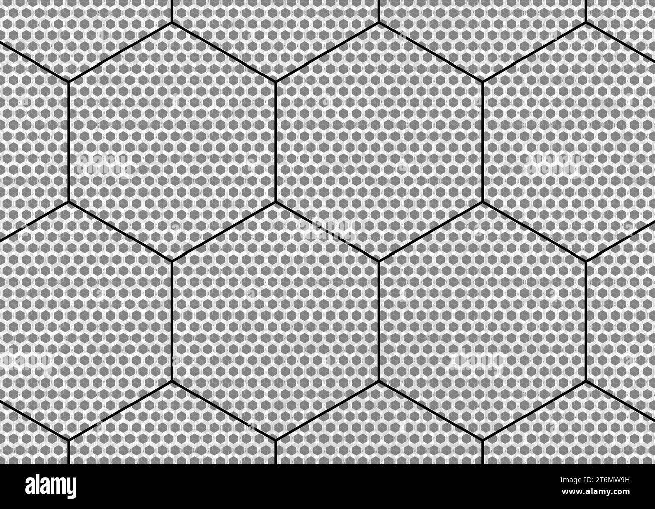 Lissez les lignes irrégulières entre un double motif hexagonal avec des hexagones fendus et un remplissage blanc et gris sur une grille hexagonale noire. Banque D'Images