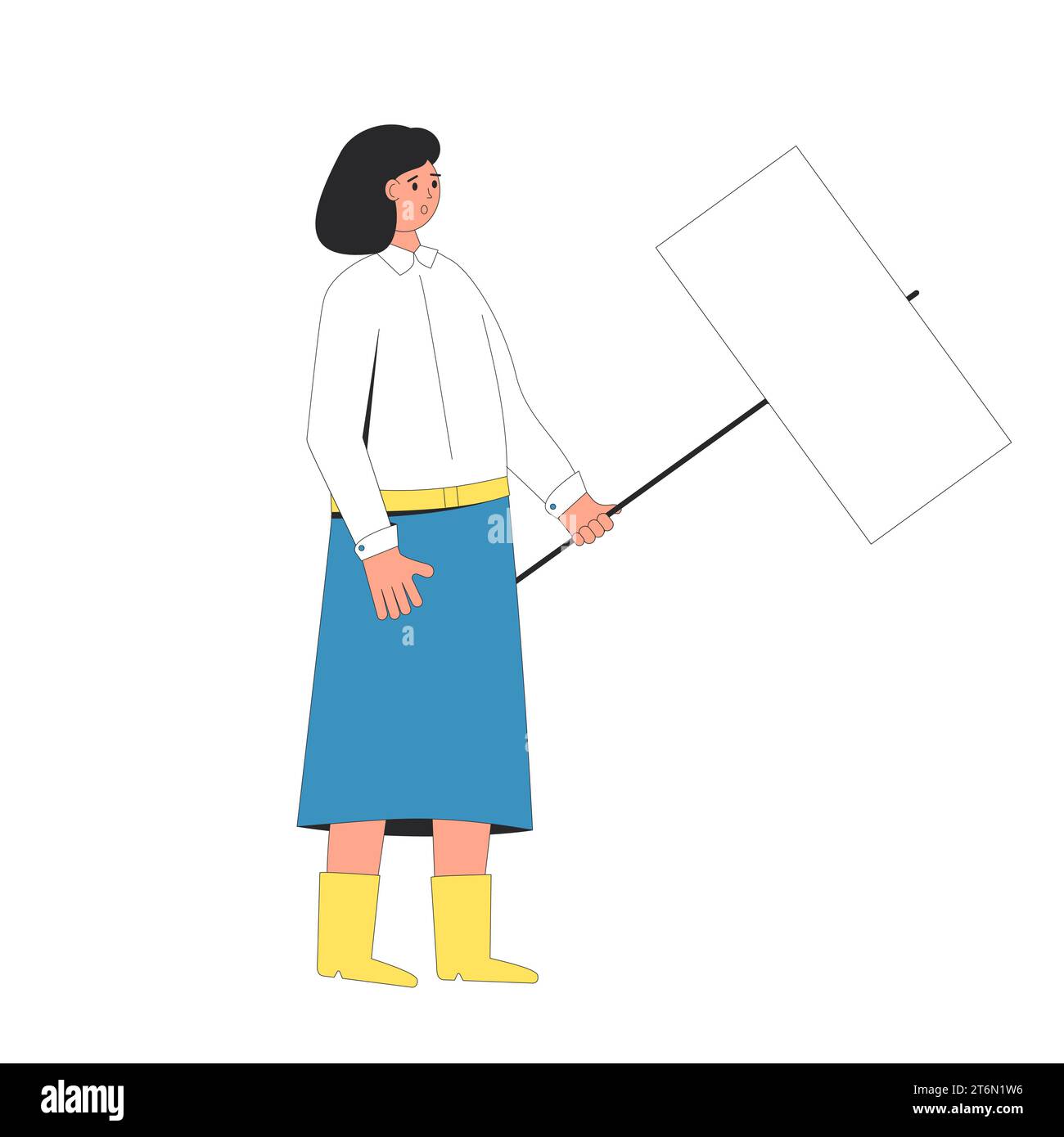 Femme tenant une bannière. Personne féminine avec blanc, écriteau. Illustration de dessin au trait de caractère vectoriel isolé sur fond blanc. Illustration de Vecteur