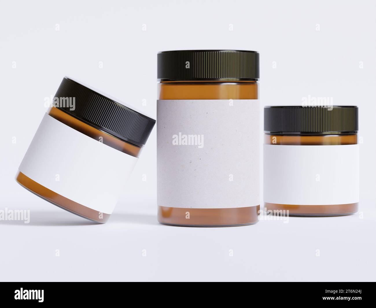 Verre ambré Cosmetic JAR avec une texture réaliste vierge Label rendu couleur blanche illustration logicielle 3D, couleur marron JAR et capuchon noir Banque D'Images