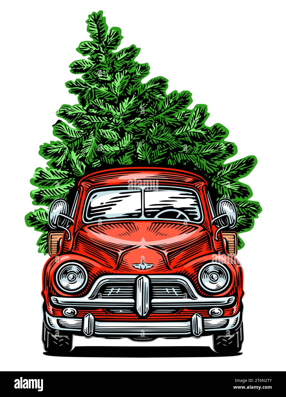 Voiture rétro porte le sapin de Noël. Bonne année et joyeux Noël. Illustration vectorielle dessinée à la main Illustration de Vecteur