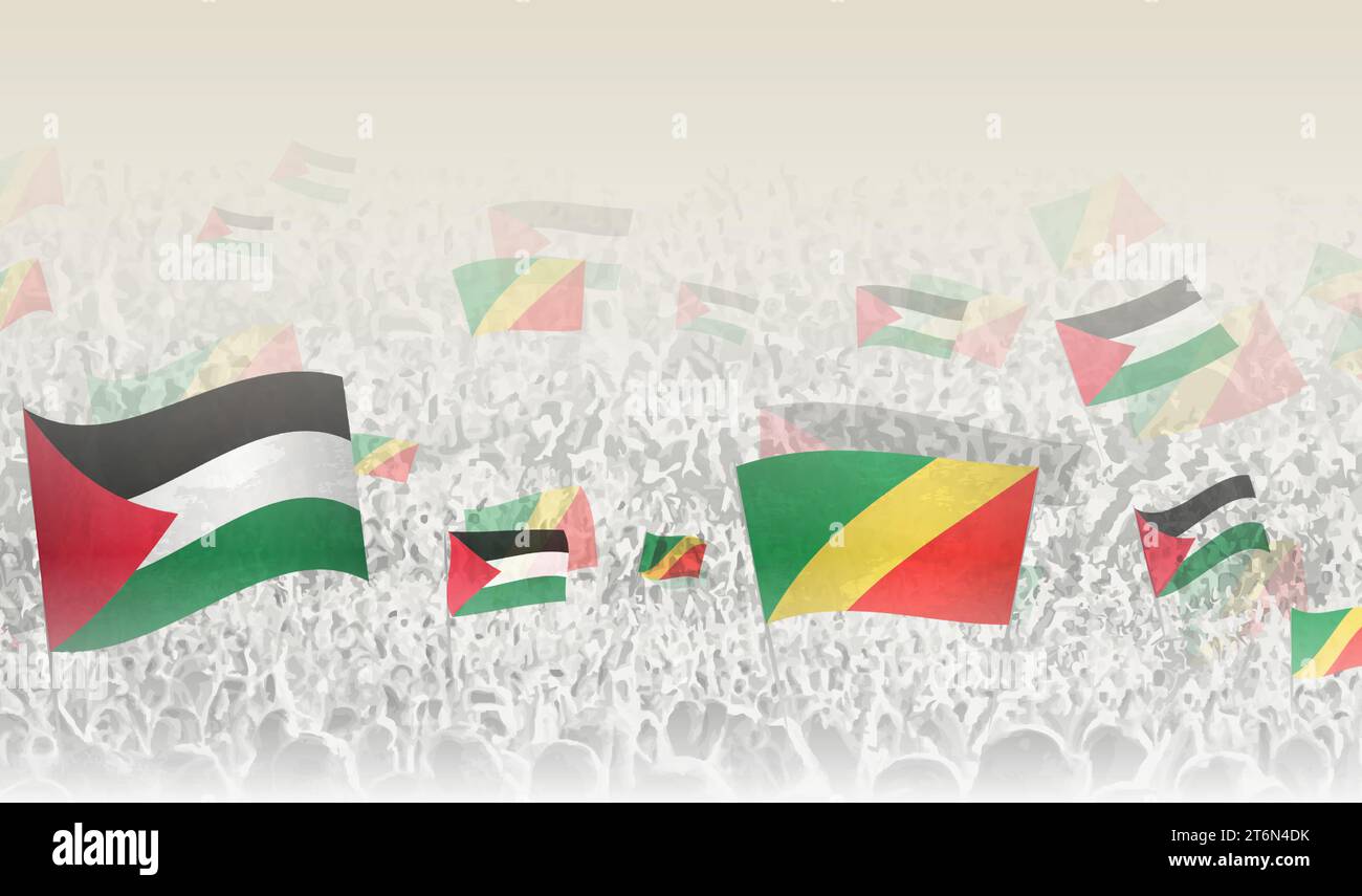Drapeaux de Palestine et du Congo dans une foule de gens acclamés. Foule de gens avec des drapeaux. Illustration vectorielle. Illustration de Vecteur