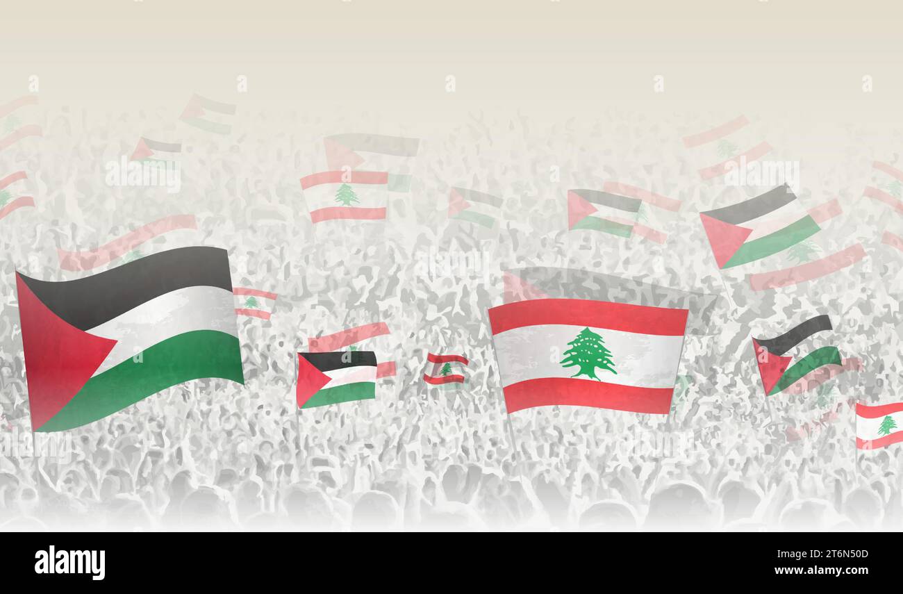 La Palestine et le Liban drapeaux dans une foule de gens acclamés. Foule de gens avec des drapeaux. Illustration vectorielle. Illustration de Vecteur