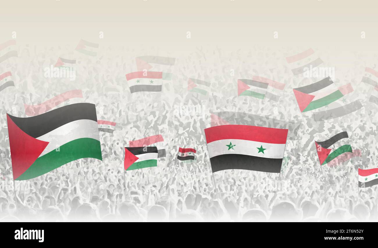 La Palestine et la Syrie drapeaux dans une foule de gens acclamés. Foule de gens avec des drapeaux. Illustration vectorielle. Illustration de Vecteur