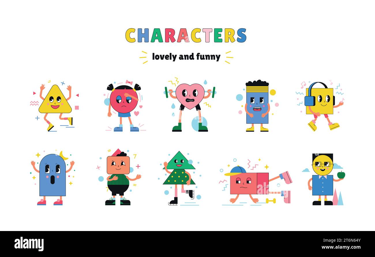 Expressions de dessins animés. Icônes de forme de visage, bras et jambe mignons, collection de personnages rétro, cercles et carrés heureux abstraits. Mascotte heureuse et triste. Vintag Illustration de Vecteur