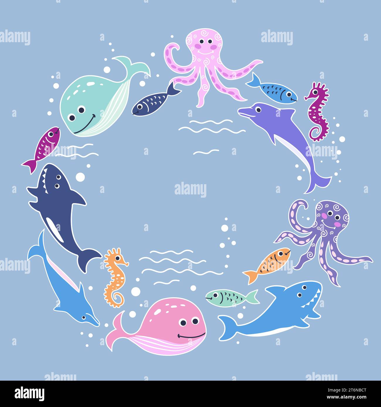 Cadre avec poissons nageurs, baleines, requins, pieuvres et hippocampes. Arrière-plan des enfants de mignons habitants souriants des mers et des océans. Vector DO Illustration de Vecteur