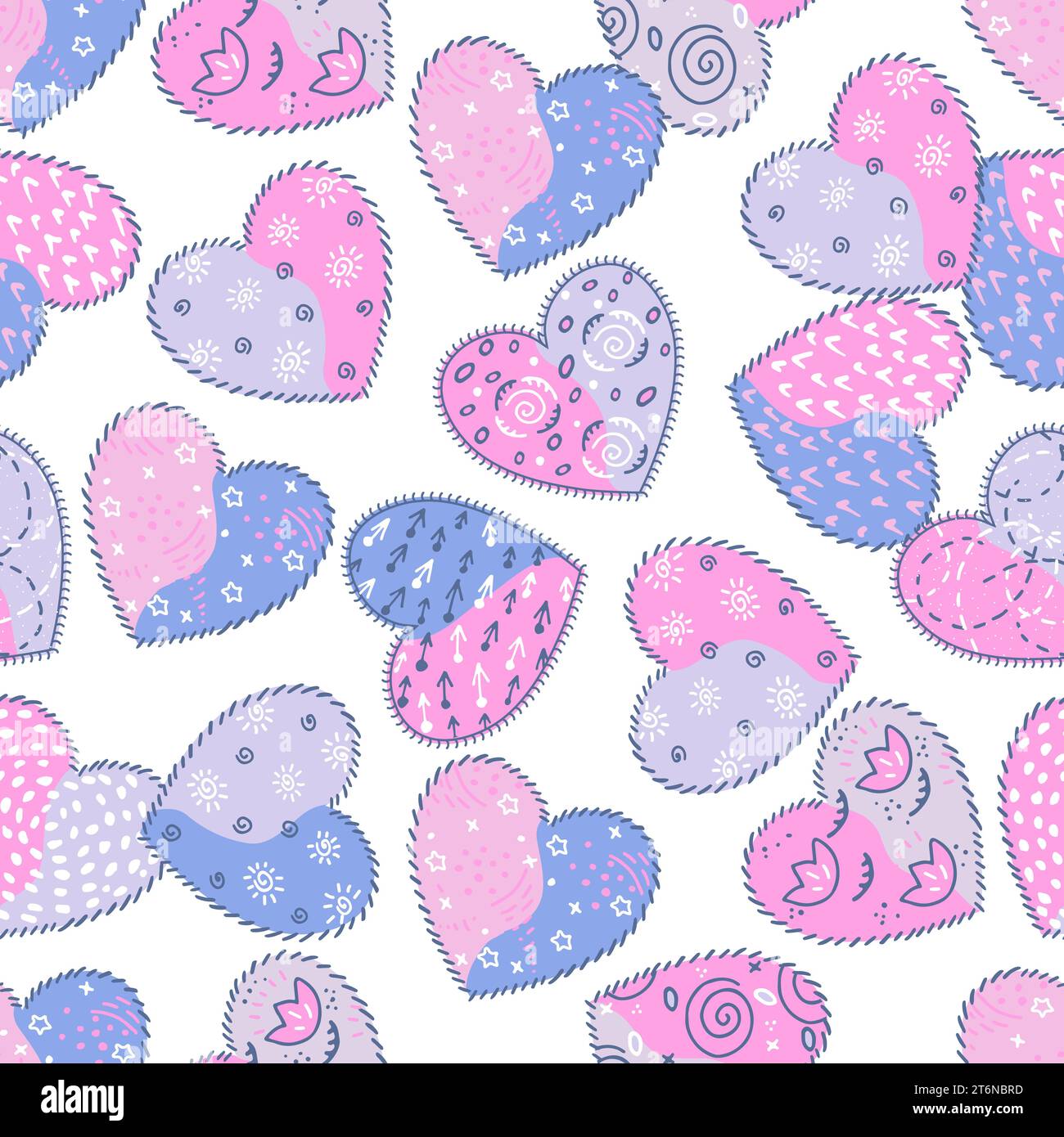 Motif de coeurs roses et bleus faits à la main sur un fond blanc. Modèle sans couture Vector pour l'impression sur papier et tissu. Illustration de Vecteur