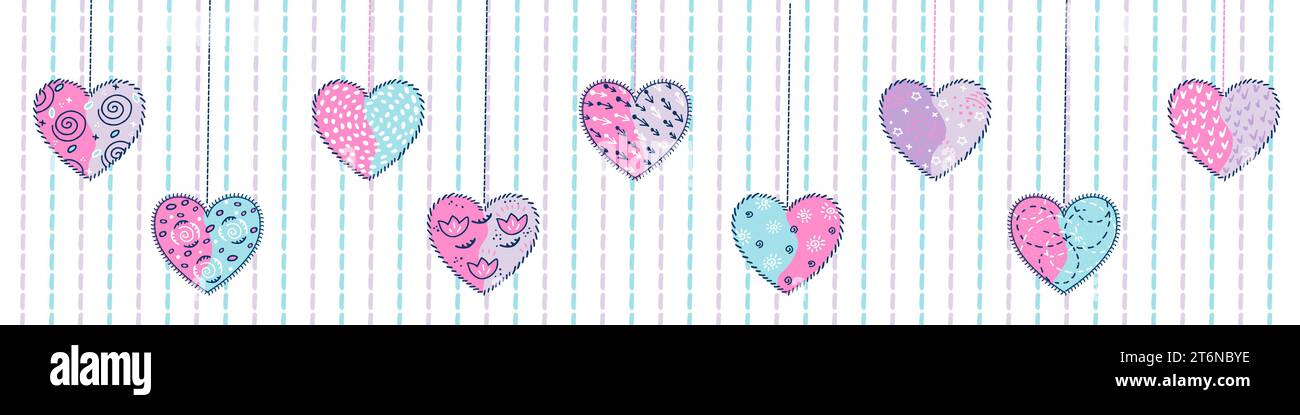 Fond avec coeurs colorés dessinés à la main décorés avec motif et points de suture. Hobby, couture, broderie et éléments de conception artisanaux.Vector design. Illustration de Vecteur