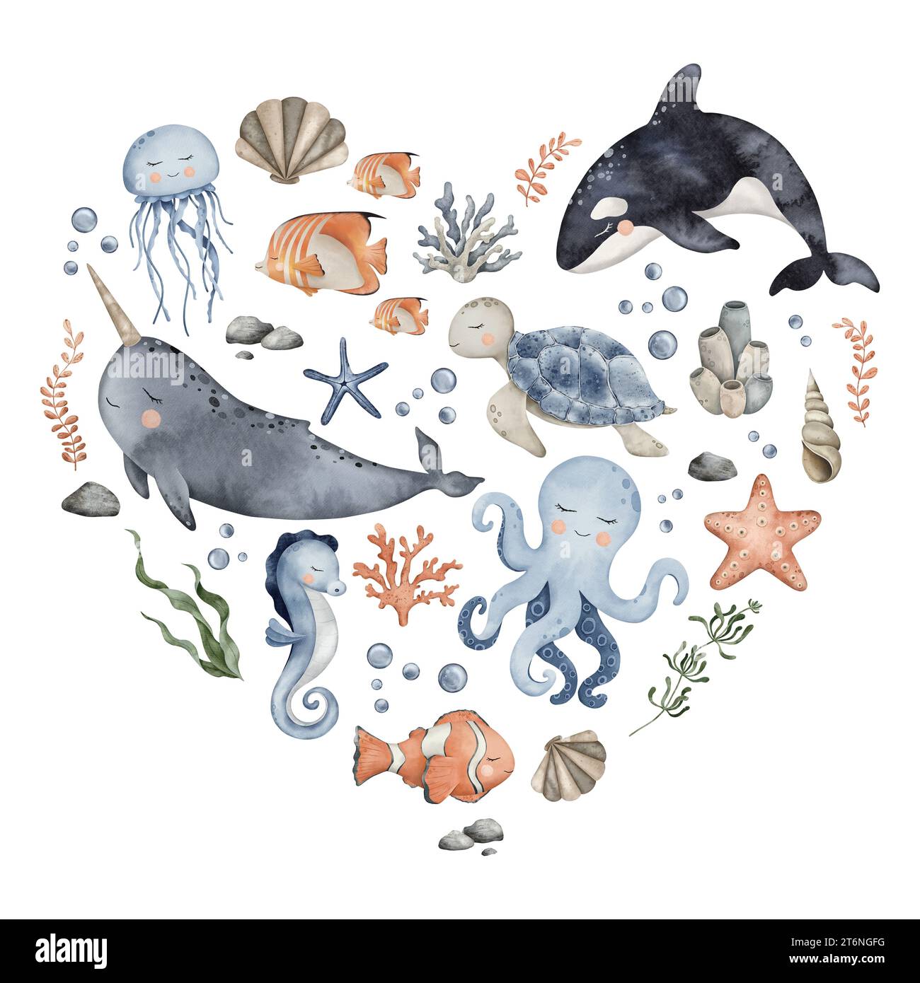 Motif coeur animaux sous-marins. Mignon composition sous-marine en cercle avec baleine, dauphin, poulpe, hippocampe, méduse, tortue, poisson clown, coquillages Banque D'Images