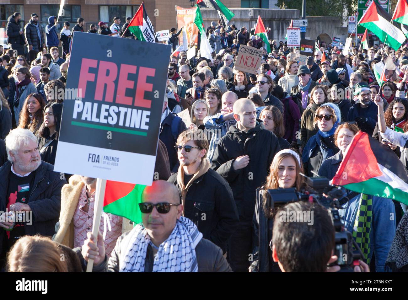 Londres, Royaume-Uni, 11 novembre 2023 : plus de 800 000 manifestants ont défilé à Londres pour réclamer un cessez-le-feu à Gaza. Depuis que le Hamas a attaqué Israël le 7 octobre, le bombardement israélien de Gaza a fait des milliers de morts. La protestation d'aujourd'hui a été rendue publique par les tentatives de Suella Braverman de faire pression sur la police pour l'interdire. Anna Watson/Alamy Live News Banque D'Images