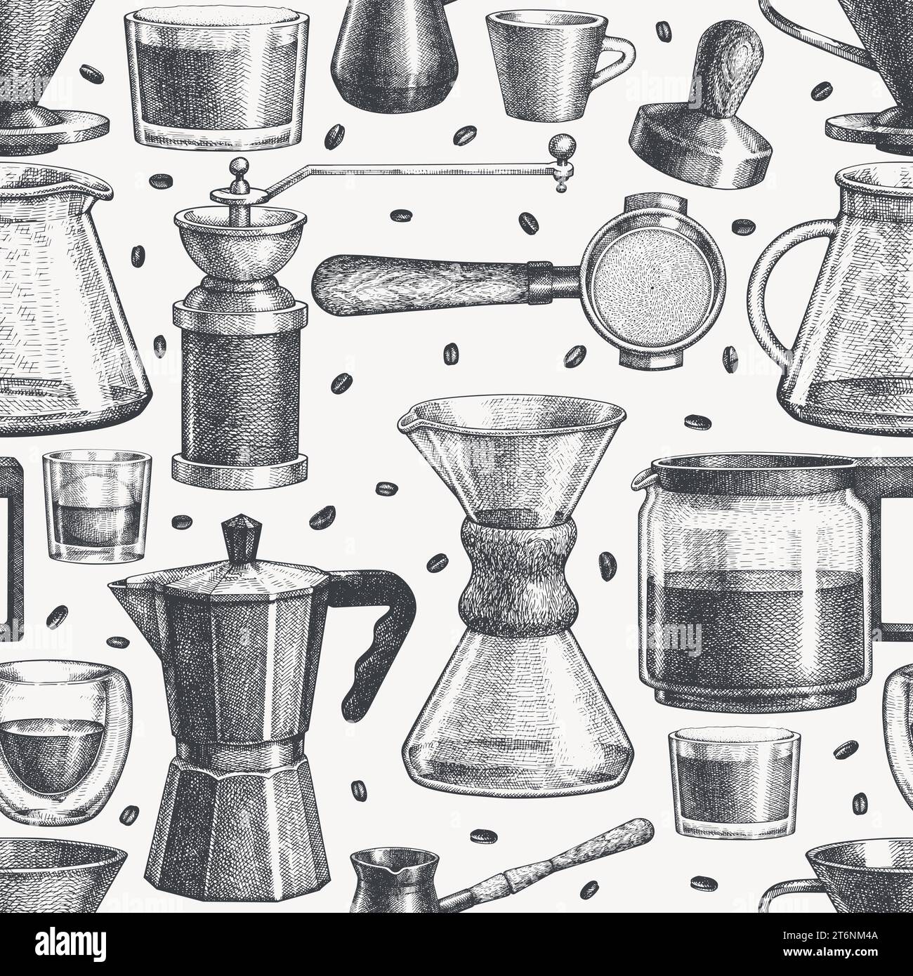 Autres modèles de cafetière sans couture. Vector dessin main fond de l'équipement de café de spécialité. Design de bar à café de style vintage Illustration de Vecteur