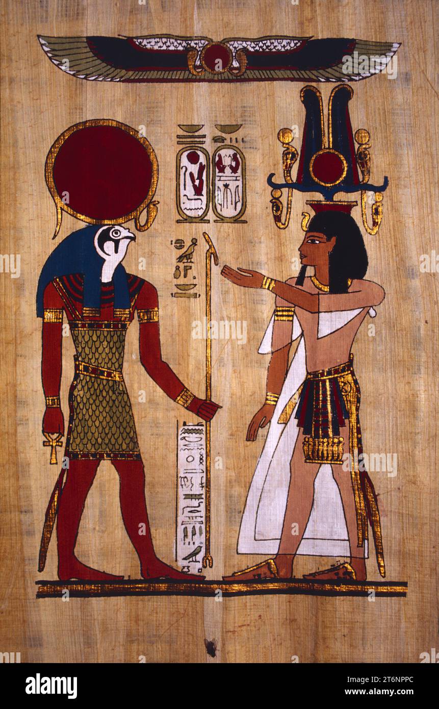 Égypte. Delta du Nil. Artisanat. Papyrus peint avec des figures humaines et faucon Dieu (Horus). Banque D'Images