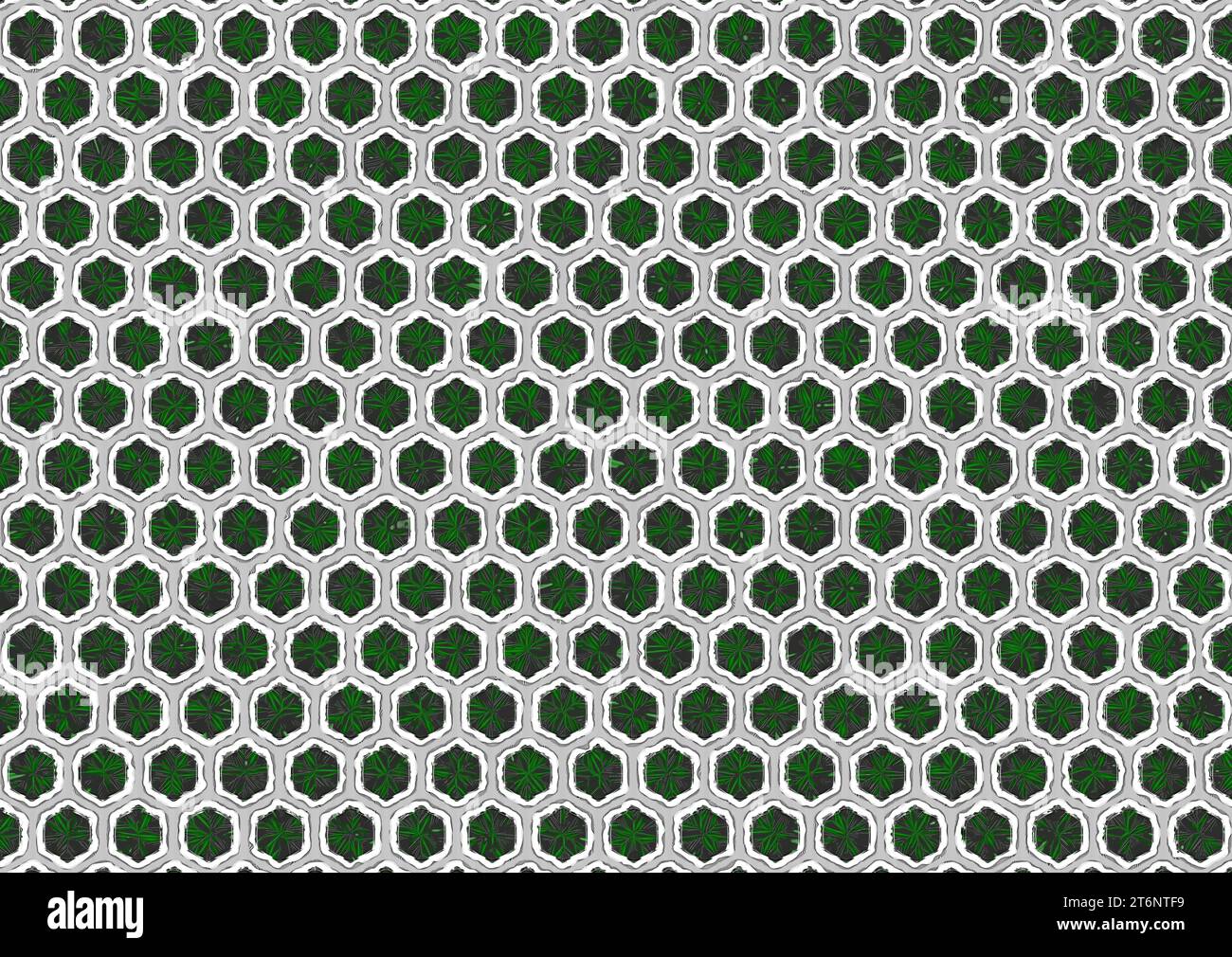 Une grande image montrant un motif hexagonal. Le motif présente de petites feuilles d'arbre vertes inscrites dans des cellules. Ces cellules sont séparées par une verticale Banque D'Images