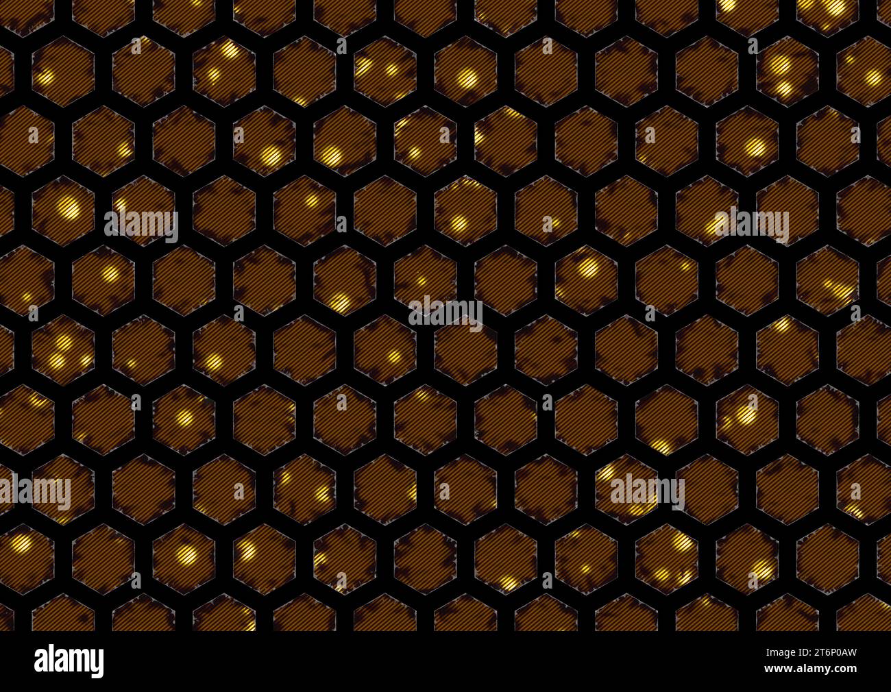 Une grande image montrant un motif hexagonal irrégulier. Le motif comporte de petits points jaunes et noirs inscrits dans des hexagones oranges avec la diagonale L. Banque D'Images