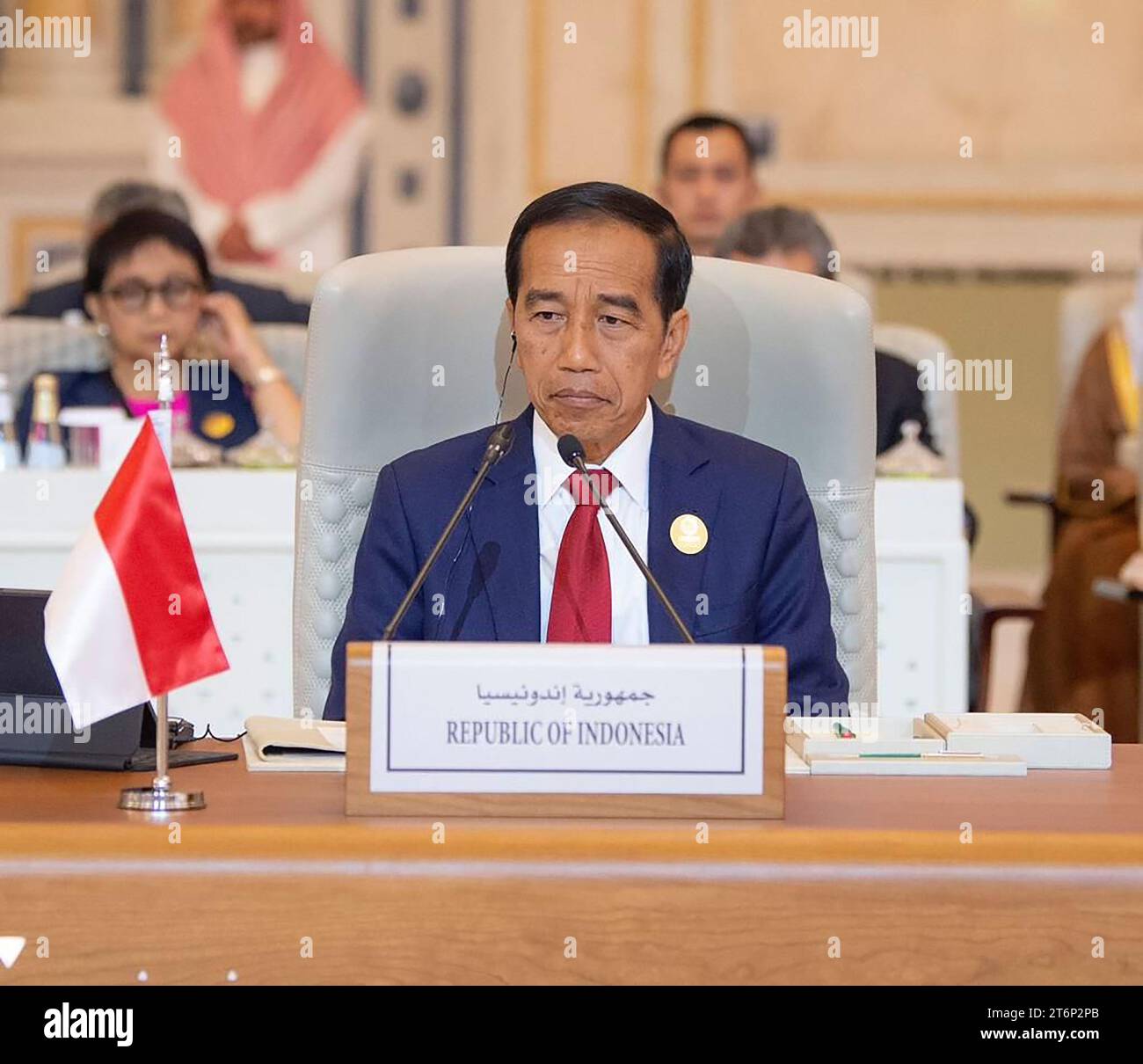 Le président indonésien Joko Widodo assiste à une réunion d'urgence de la Ligue arabe et de l'Organisation de la coopération islamique (OCI), à Riyad, en Arabie Saoudite, le samedi 11 novembre 2023. Le sommet devait souligner les exigences que la guerre israélienne à Gaza prenne fin avant que la violence ne se produise dans d'autres pays. Photo de via Saudi Press Agency/UPI Banque D'Images