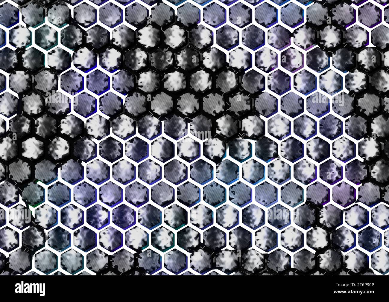 Un design abstrait frappant avec un motif hexagonal avec des divisions blanches et des cellules de couleur froide, le tout posé sur une surface sombre avec un liquide rencontré Banque D'Images