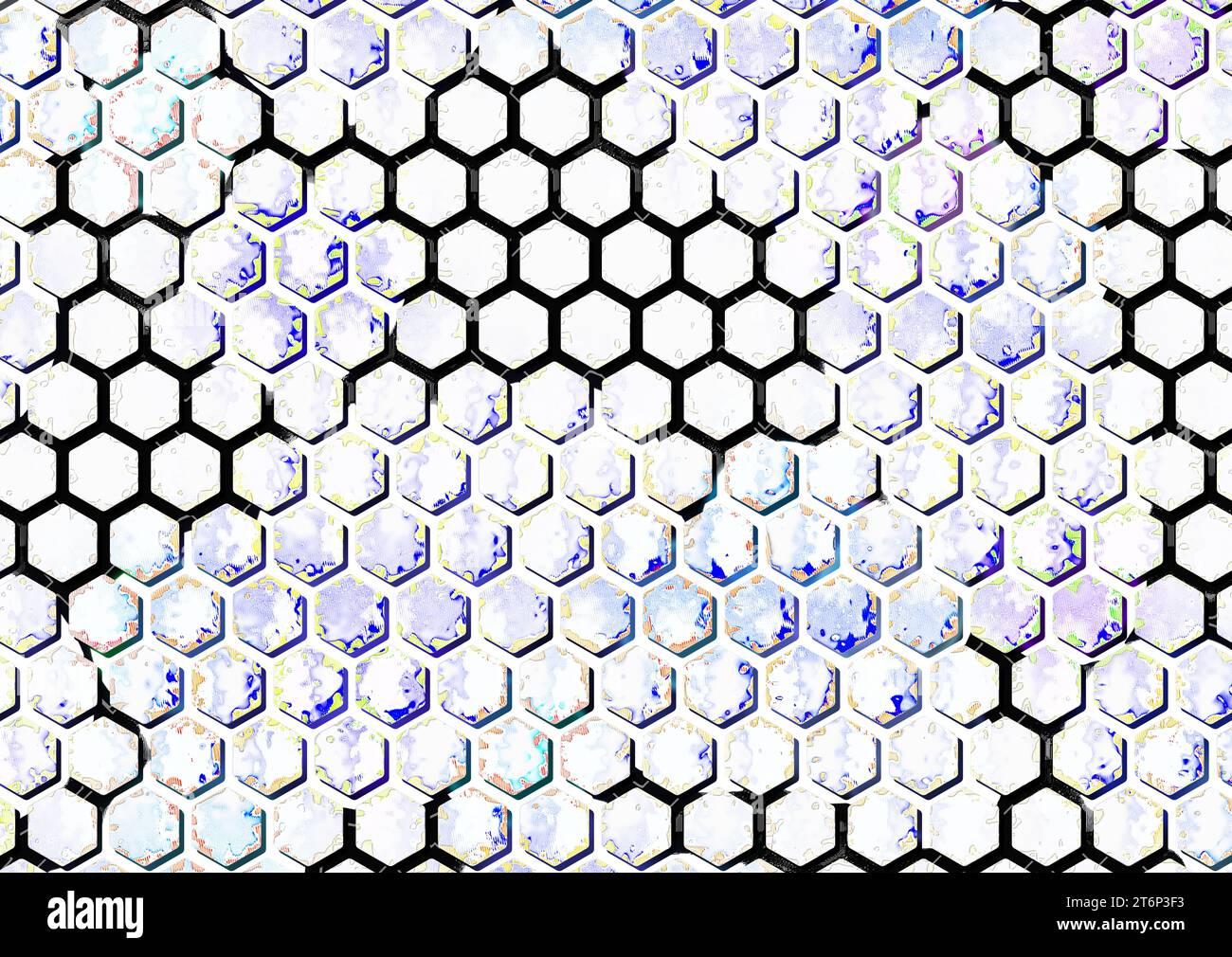 Une grande image de conception abstraite avec un motif hexagonal avec des divisions noires et blanches. Les cellules sont colorées à froid avec une surface métallique liquide, Banque D'Images