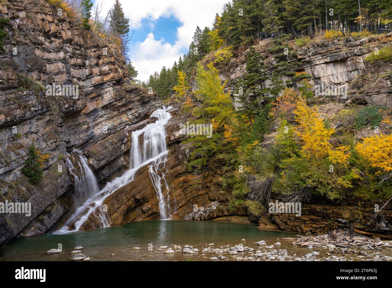 Chutes Cameron avec la couleur du feuillage d'automne dans le parc national des Lacs-Waterton, Alberta, Canada. Banque D'Images