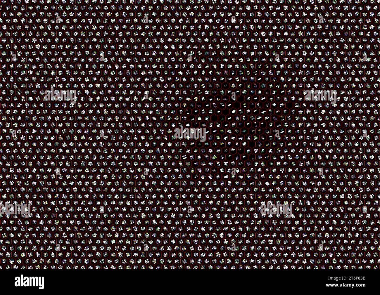 Motif hexagonal moderne avec des cellules à carreaux multicolores. Reliés entre eux par de fines lignes rouges sur fond noir, recouvertes de lignes rouges courbes Banque D'Images