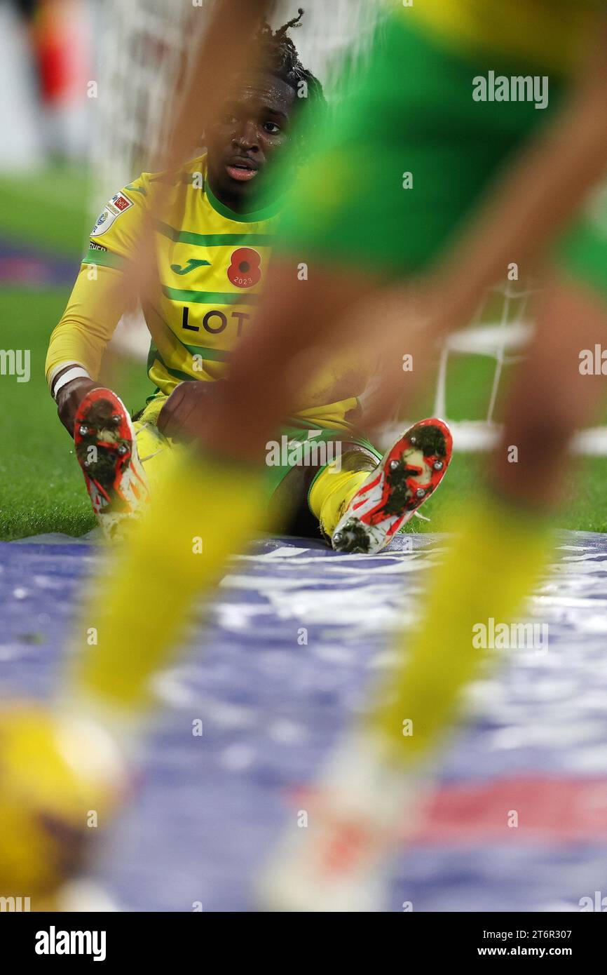 Jonathan Rowe de Norwich City regarde. Match de championnat EFL Skybet, Cardiff City contre Norwich City au Cardiff City Stadium à Cardiff, pays de Galles, le samedi 11 novembre 2023. Cette image ne peut être utilisée qu'à des fins éditoriales. À usage éditorial uniquement, photo d'Andrew Orchard/Andrew Orchard photographie sportive/Alamy Live news Banque D'Images