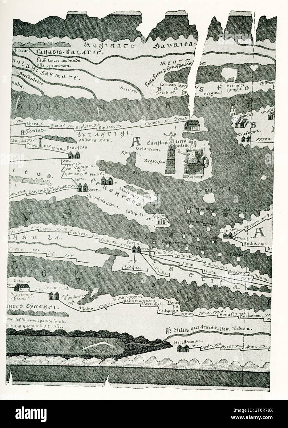 Le 1907 ca[tion] se lit comme suit: "Section de Constantinople du 4e siècle après Christ - de la carte Peutinger d'après Konrad Miller." Tabula Peutingeriana, également appelée Tabula de Peutinger ou Table de Peutinger, est un itinéraire illustré montrant la disposition du cursus publicus, le réseau routier de l'Empire romain. La carte est une copie en parchemin datant d'environ 1200 d'un original antique tardif. Konrad Millar (1844-1933) était un historien de l'art, archéologue et historien de la cartographie allemand. Banque D'Images