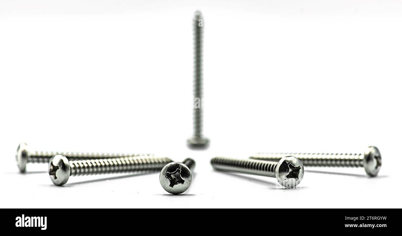 Vis à bois disposées sur fond blanc en gros plan Banque D'Images