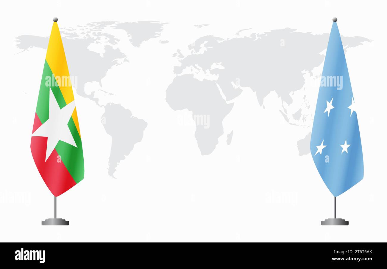 Drapeaux du Myanmar et de la Micronésie pour la réunion officielle sur fond de carte du monde. Illustration de Vecteur