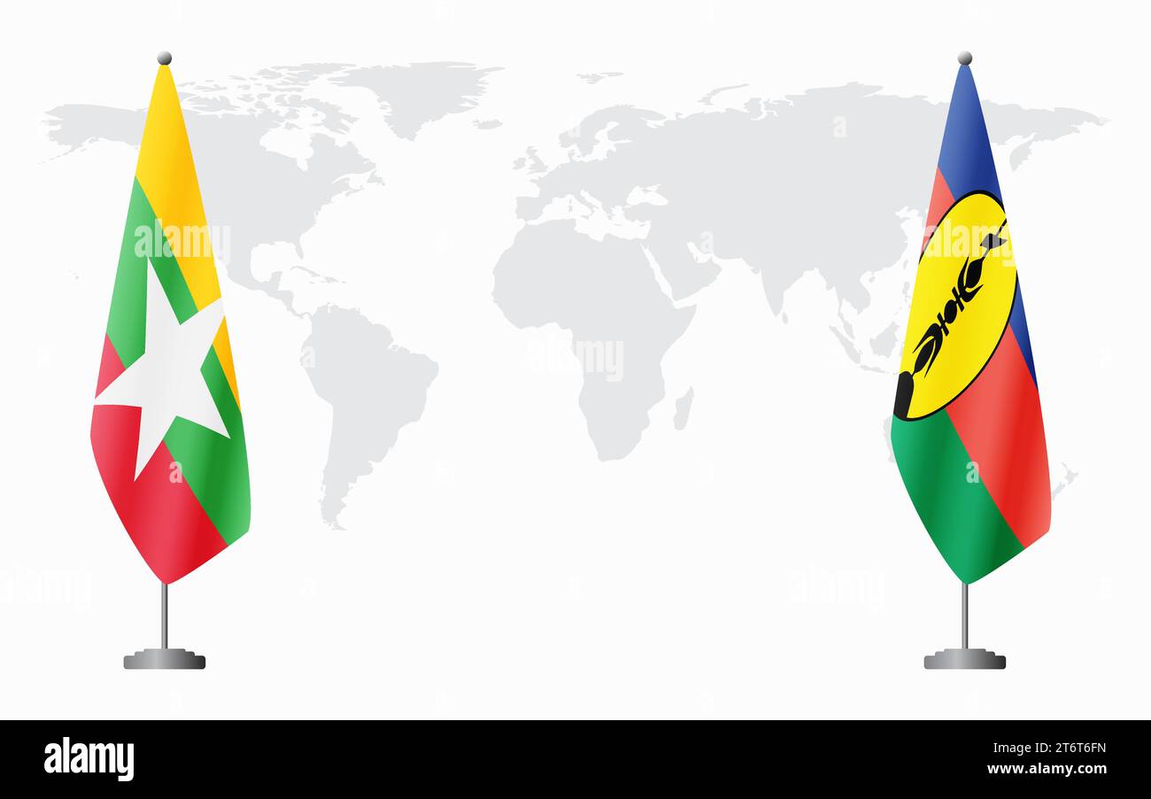 Drapeaux du Myanmar et de la Nouvelle-Calédonie pour réunion officielle sur fond de carte du monde. Illustration de Vecteur