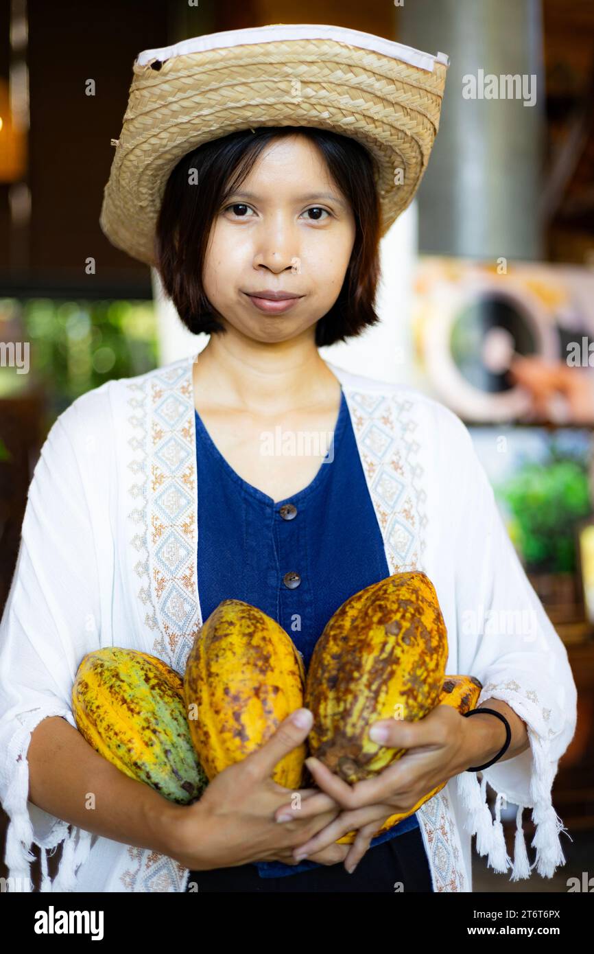 Une agricultrice asiatique tient le fruit de cacao dans la caisse. Gousse de fruits de cacao crue dans les mains de fermier. Banque D'Images