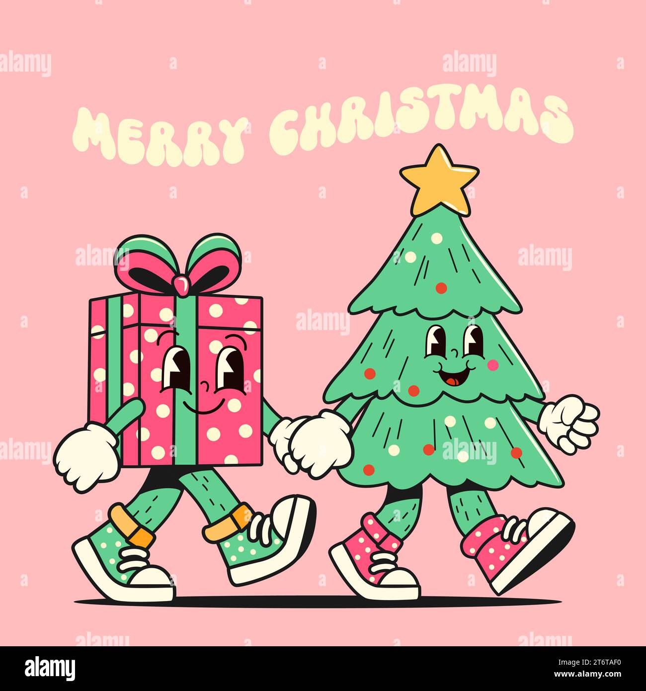 Noël hippie groovy. Sapin de Noël et boîte cadeau dans le style de dessin animé rétro tendance. Illustration vectorielle. Illustration de Vecteur