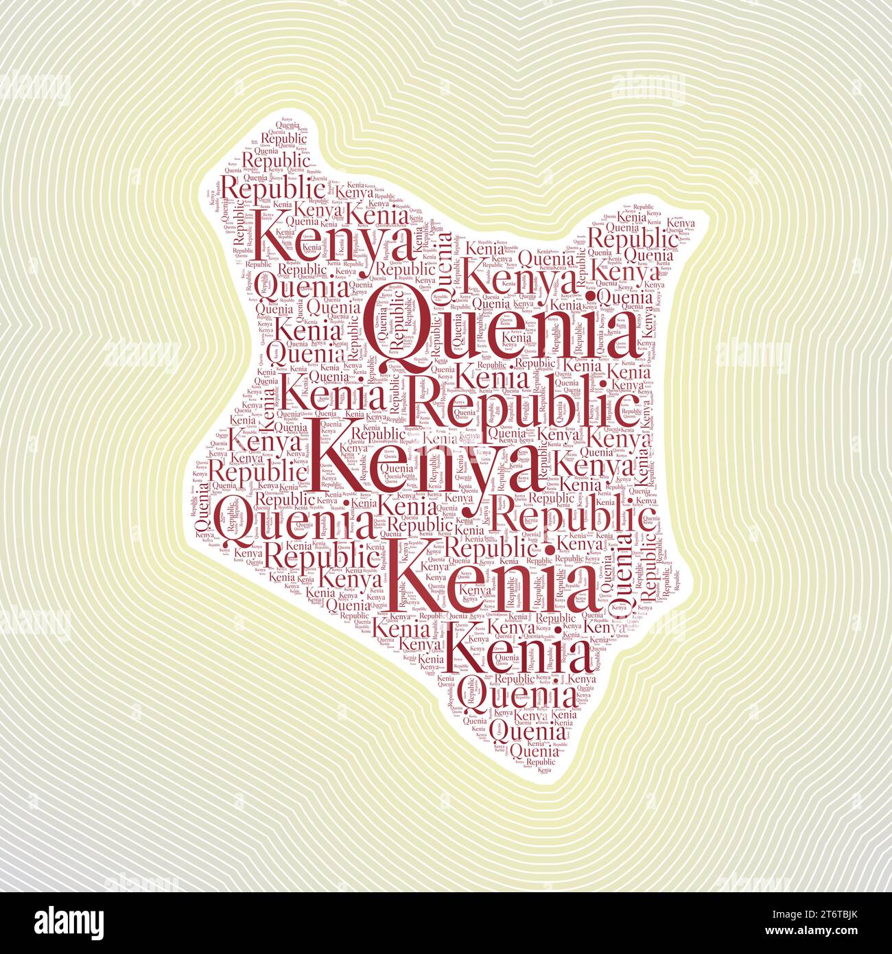 Forme du Kenya formée par le nom du pays dans plusieurs langues. Frontière du Kenya sur fond dégradé rayé élégant. Affiche vibrante. Illustration de Vecteur