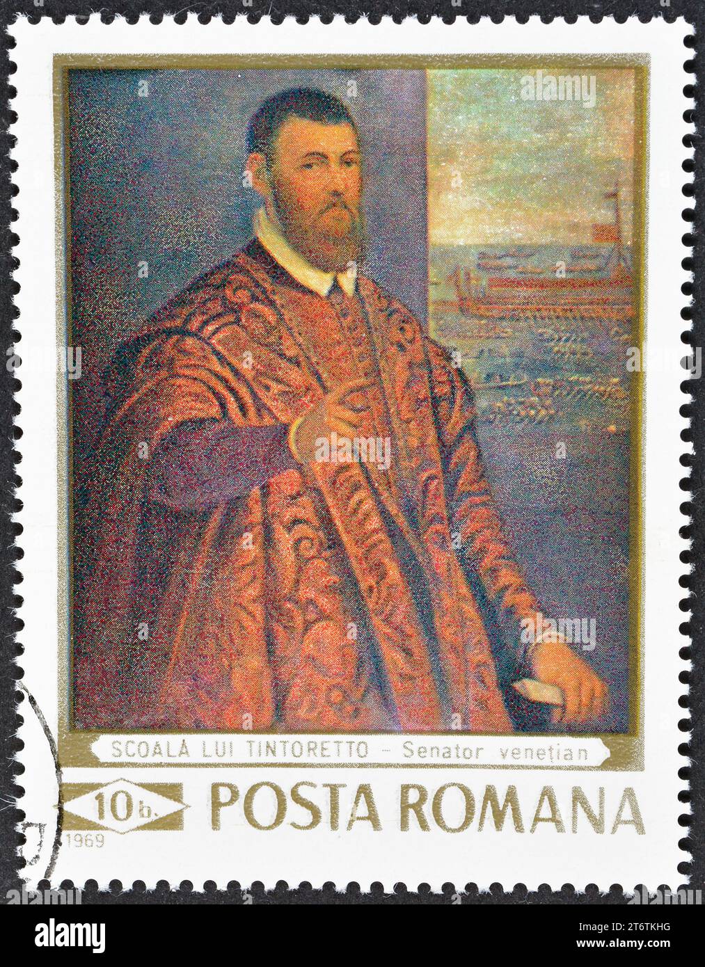 Timbre-poste annulé imprimé par la Roumanie, qui montre la peinture "sénateur de Venise" du Tintoret, des peintures de la Galerie nationale de Bucarest Banque D'Images