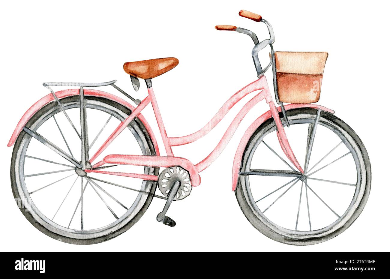 Vélo rose pour femmes aquarelle avec un panier pour fleurs. Illustration dessinée à la main. Conception pour fête de douche de bébé, anniversaire, gâteau, célébration de vacances Banque D'Images