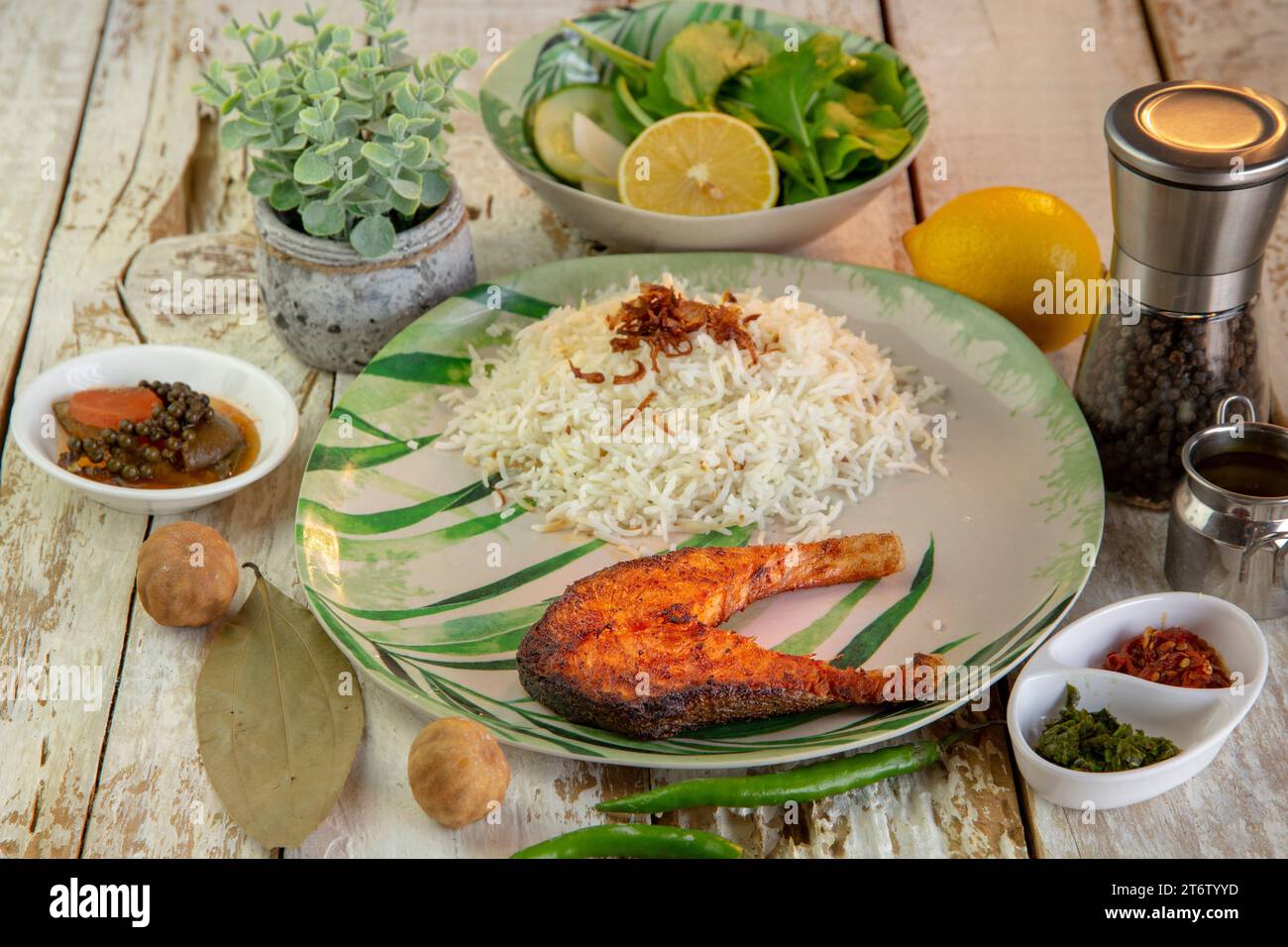 Une assiette blanche remplie d'une variété d'aliments, y compris de la viande grillée, du riz cuit et divers légumes sautés Banque D'Images