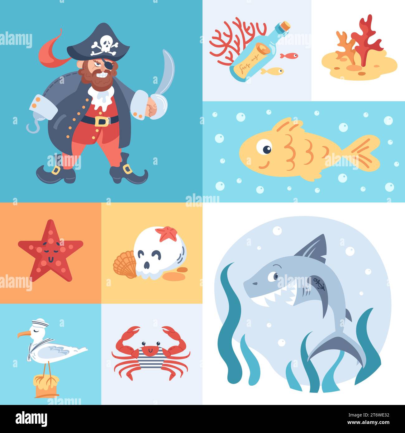 Motif sans couture pirate pour enfants. Personnages de dessins animés. Capitaine de navire avec crochet et chapeau armé. Marins requins et mouettes, crabe en gilet, crâne, étoile de mer Illustration de Vecteur
