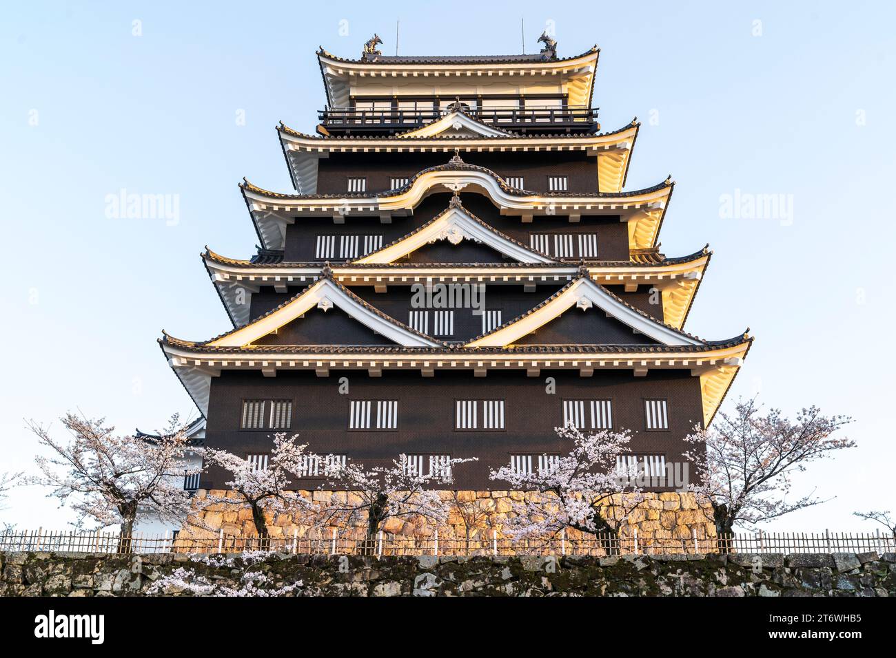 Château de Fukuyama, Japon. Le côté nord de la borogata garde avec son revêtement en plaque de fer noir sur une journée de printemps avec des fleurs de cerisier et un ciel bleu. Banque D'Images