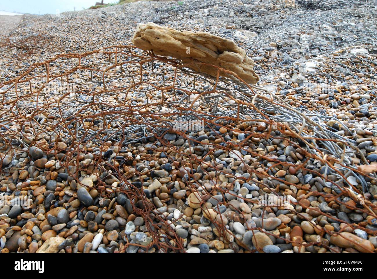 Morceau de Coraline Crag, pensé pour être résistant à l'érosion, pris dans un morceau de fil de fer de Broken Gabion basket Flood Defence, sur la plage de galets. Banque D'Images