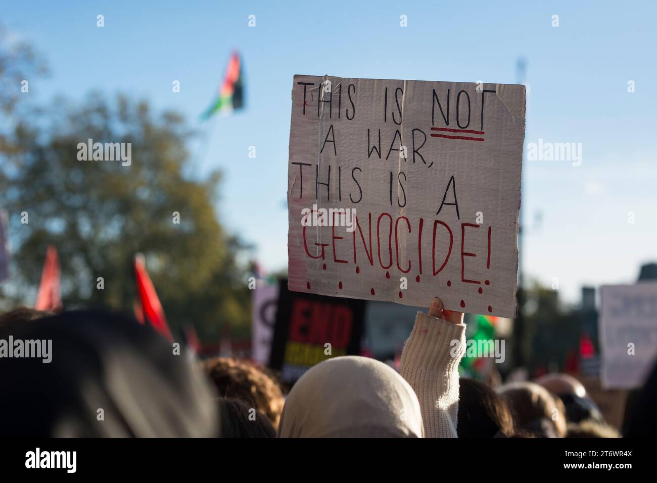 Marche nationale pour la Palestine, Londres, Royaume-Uni, 11 novembre 2023. Plus de 300 000 000 personnes défilent à Londres pour manifester leur solidarité envers la population de Gaza et appeler à un cessez-le-feu maintenant, un jour qui coïncide avec la célébration nationale du jour de l’armistice pour marquer la fin de la première Guerre mondiale et de tous ceux qui ont perdu la vie dans le conflit. Il y a eu controverse sur le maintien de l'ordre de l'événement, après que la ministre de l'intérieur Suella Braverman a affirmé que la police métropolitaine avait maintenu des événements comme celui-ci avec parti pris. Après une manifestation essentiellement pacifique, il y aurait eu 126 arrestations au cours de la manifestation, principalement de droit- Banque D'Images