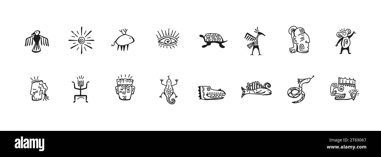 Dessins d'icônes aztèques amérindiennes. Symboles tribaux africains dessinés à la main Illustration de Vecteur